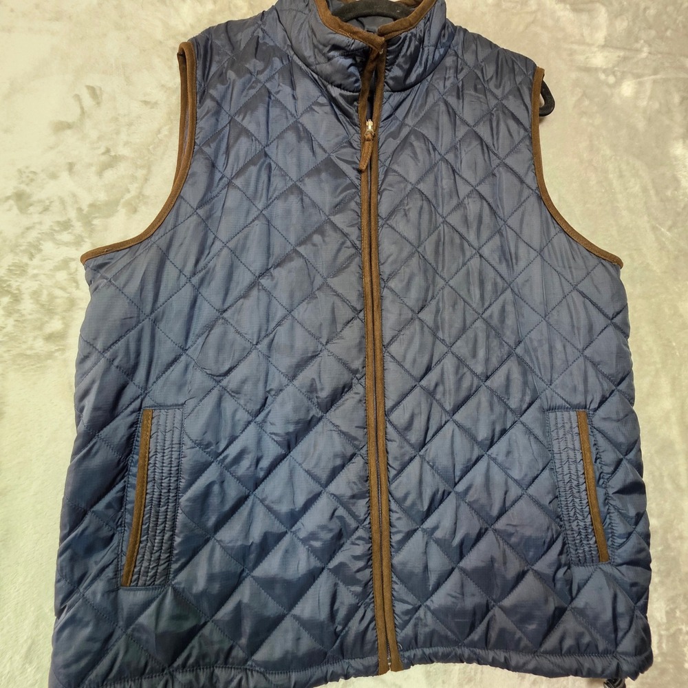 Tricots St Raphael Mens XL Quilted Vest Navy Blue Brown Trim Full Zip Diamond - Picture 7 of 8